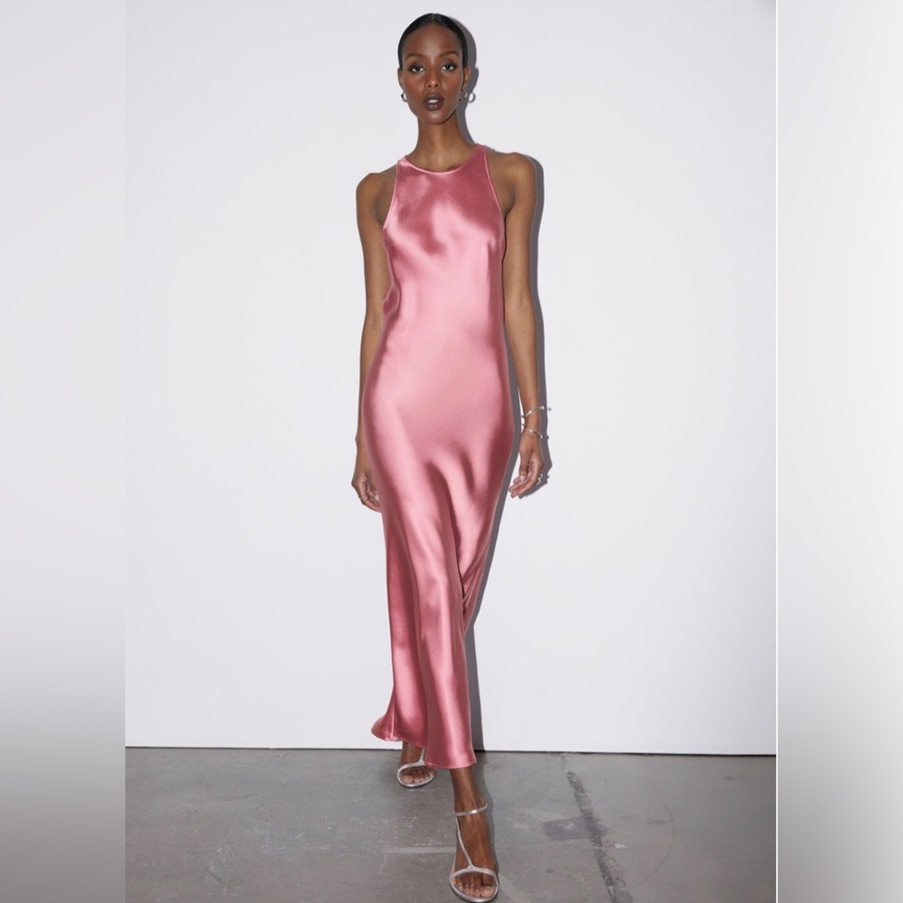 & Other Stories Slim Satin Midi Dress in Rose